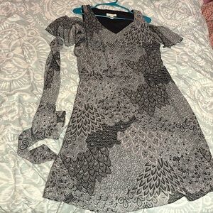 Black/Gray & White Paisley and Flower Print Open Shoulder Dress